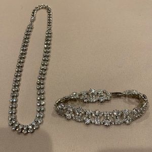Silvertone Double Stranded Rhinestone Necklace 7” L & Bracelet  3” Inside Diam.